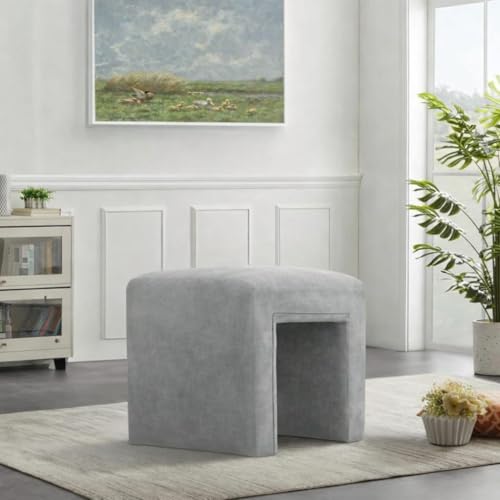 Image of Kundi Modern Boucle Vanity Stool Chair with Wooden Legs - Soft Ottoman Footstool for Makeup Room, Living Room, Entryway & Office (White) (Dark Grey)