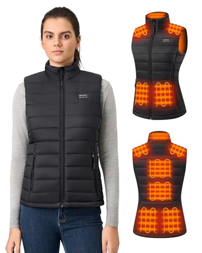 Hecusma Heizweste Damen mit Powerbank 16000mah 7.4V, 9 Heizzone Beheizbare Weste Damen, Leichte Elektrisch Wärmeweste mit Akku für Skifahren, Outdoor -L
