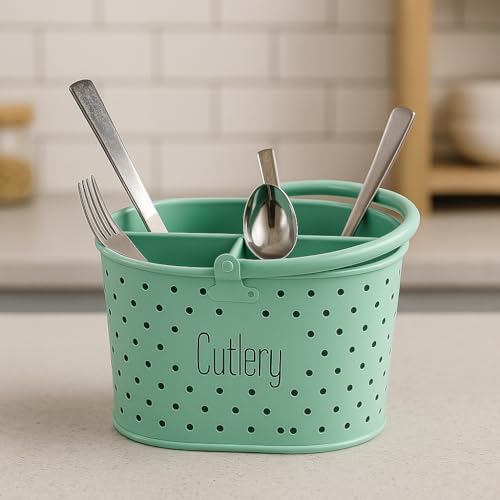Image of D&G Homes Metal Cutlery Holder | Stainless Steel Spoon & Fork Stand | Multi-Compartment Organizer | Rust-Resistant | Compact & Stylish | Kitchen & Dining Use |Easy to Clean|17x12x10cm |Green Polka