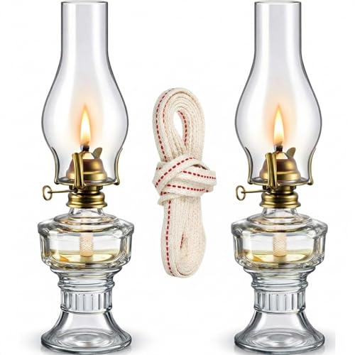 Yexiya 2 Pcs Chamber Oil Lamp Lantern for Indoor Use Large Classic Kerosene Lamp Vintage Glass Kerosene with Adjustable 6.6 ft Extra Oil Wick for Home Tabletop Decor Emergency Lighting(Classic)