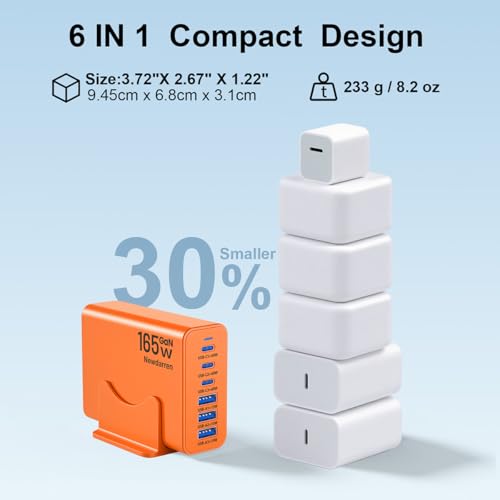 Image of 165W Charging Station, 6 Port Desktop Charger, 3 Ports 40W Orange | Multi-Device Charger, 3 PD USB C 40W and 3 15W USB A, Compatible with iPhone, Galaxy, MacBook, Tablets, Home Office, Travel