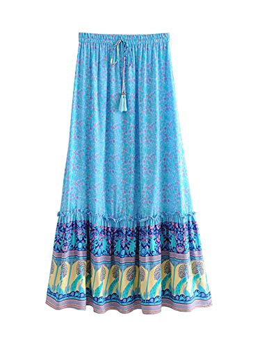 R.Vivimos Womens Summer Cotton Vintage Floral Print Boho Casual Long Skirt (Small, Blue)