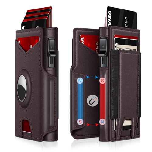 Airtag Wallet for Men, Minimalist Slim Mens Wallet Smart Pop Up Credit Card Holder for 9-13 Cards, RFID Blocking Wallet with ID Window & Cash Slot, Compact Bifold Metal Aluminum Card Case