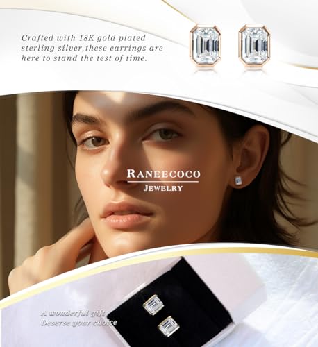 Raneecoco 4.0ct Total Emerald Cut Cubic Zirconia CZ Earrings Stud / 18K Gold Plated Sterling Silver2