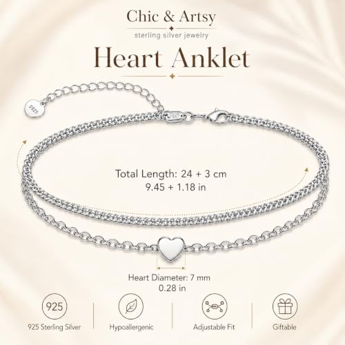 Image of CHIC & ARTSY 925 Sterling Silver Ankle Bracelets for Women, Adjustable Double Layer Chain Anklets, Minimalist Lightweight Foot Jewelry for Beach & Everyday Wear