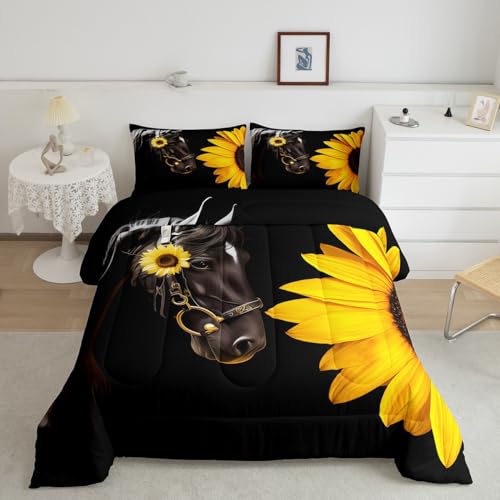Erosebridal Horse Comforter Set Queen,Sunflower Horse Bedding Set for Boys Girls Teens Adults,Western Cowboy Farmhouse Down Comforter Farm Animal Quilt Duvet Sets Bedroom Decor 2 Pillow Cases Black