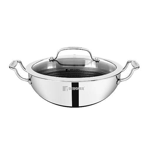 Bergner Hi-Tech TriPly Stainless Steel 24cm (2.5L) Kadai with Glass Lid, Honeycomb...