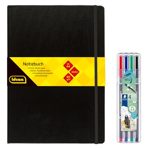 Idena 90337 - Notizbuch DIN A4 mit 192 Seiten blanko inkl. 4 STAEDTLER Triplus Fineliner mit superfeiner metallgefasster Spitze 0.3 mm