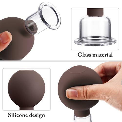 Image of BBTO 4 Pcs Glass Facial Cupping Set Silicone Vacuum Suction Massage Cups Skin Tightening Therapy for Face Body Eyes Back Shoulder Pain(Brown)