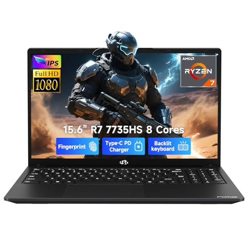 NIMO Gaming-Laptop, 15.6" Computer with AMD 8 Cores Ryzen 7 7735HS (Beat i7-12650H, Up to 4.75GHz), 32GB DDR5 2TB SSD Business Laptop with Radeon 680M Graphics, 100W Type-C, Backlit KB, Fingerprint