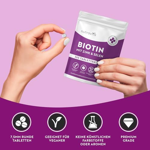 Biotin + Selen + Zink Tabletten für Haut, Haare & Nägel - 365 vegane Tabletten für 1 Jahr - Haar Vitamine für Haarwachstum - Biotin Zink Selen Hochdosiert - Laborgeprüft - Nutravita