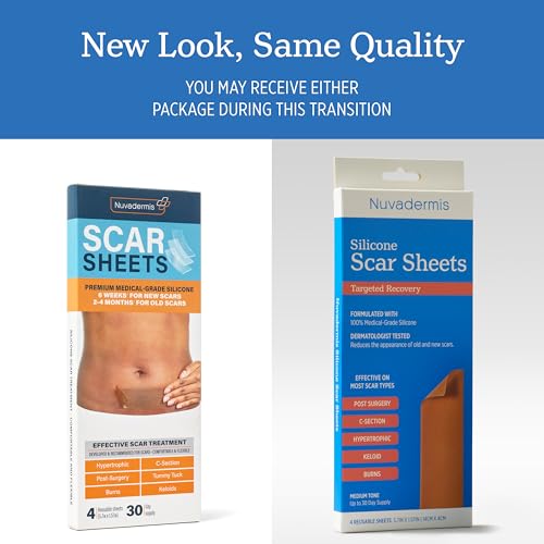 Image of NUVADERMIS Silicone Scar Sheets - Extra Long Scar Sheets for C-Section, Tummy Tuck, Keloid, and Surgical Scars - Reusable Medical Grade Silicone Scar Sheets - 2 Packs of 4 - Medium Tone