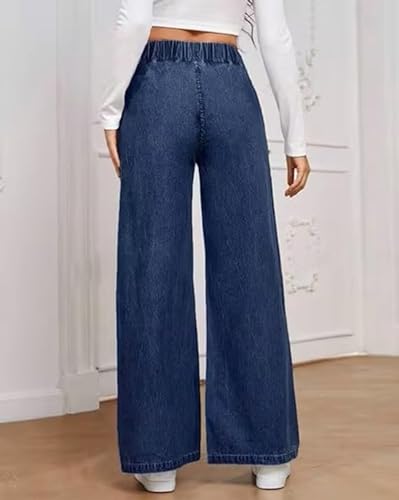 Image of ADBUCKS Women's Stretch Denim Wide Leg Jeans Comfort Fit with Elastic Waistband, Straight Cut, Casual Style for All Seasons, Versatile Clothing