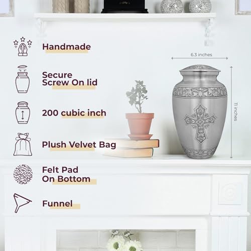 Image of Trupoint Memorials Cremation Urns for Human Ashes, Funeral Memorial Urn for Male and Female, Decorative Burial Metal Urn Collection for Adult Men & Women - Silver Cross, Adult (200LB)