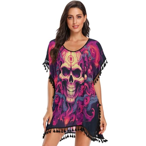 Cool Skull Flame Art Women's Beach Cover Up Chiffon Tassel Swimwear Swimsuit Coverups for Girl