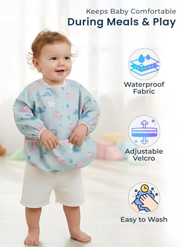 Image of POLKA TOTS Reusable Full Sleeve Baby Bibs for Infants & Toddlers | Waterproof & Washable Feeding Apron with Food Catching Pocket | Drooling Apron | Food Catcher | Clothing Protector for Boys & Girls