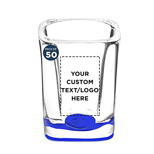Custom Square Shot Glasses by ARC 2 oz. Set of 50, Personalized Bulk Pack - Great for Weddings, Birthdays, Parties, Indoor & Outdoor Events - Blue