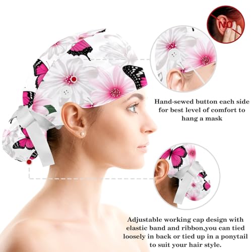 Image of Colored Butterflies Scrub Caps Women, Adjustable Working Cap with Button, Surgical Caps with Bow Hair Scrunchy