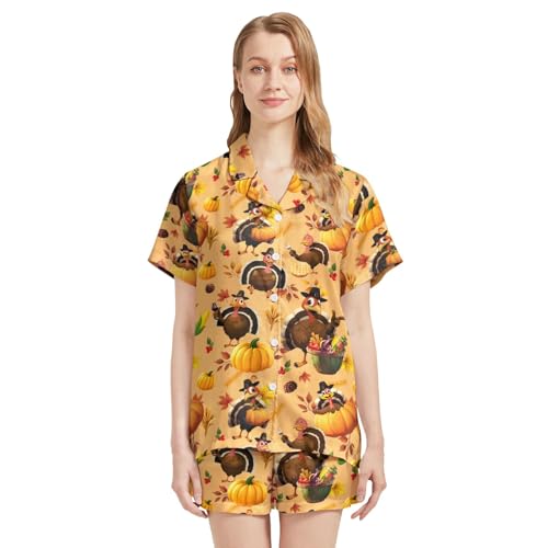 Image of Funny Pajamas for Women Set Print Satin Loungewear Pjs Short Sleeve Button Down Top and Shorts Sets Sleepwear XS-3XL