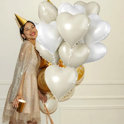 Image of Biapian Cream Heart Balloons, 18 Inch Sand White Heart Shape Balloons Foil, 10 Pcs Beige Heart Balloons and White Foil Balloons Helium for Valentines Day Boho Birthday Wedding Baby Shower Decorations