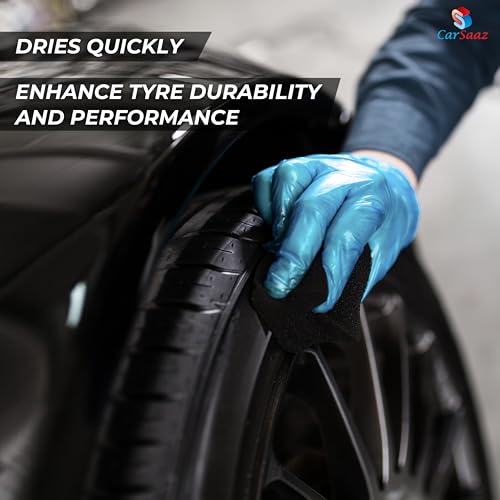 Image of CAR SAAZ Tyre Shiner (1L) with Applicator Pad and Microfiber Cloth | Car & Bike Tyre Polish & Dresser | Gives Instant Shine, Increases Life, Prevents Fading & Cracking | Long-Lasting Protection