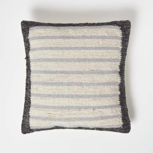 Image of HOMESCAPES Handwoven Kilim Cushion Cream & Grey 100% Cotton & Wool Striped Cushion Traditional Authentic Design with Super Microfibre Cushion Insert 45 x 45 cm