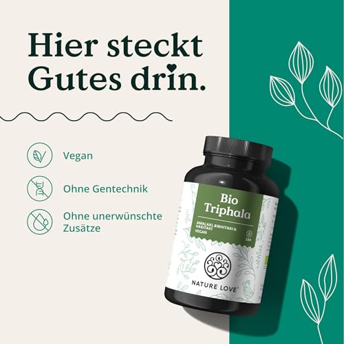NATURE LOVE® Bio Triphala - Hochdosiert mit 500mg je Kapsel - 180 Kapseln - Hochwertiger Rohstoff aus Indien - Laborgeprüft und zertifiziert Bio, in Deutschland produziert