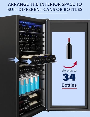 GarveeHome Wine Fridge, Compressor Wine Cooler Refrigerator, Beverage and Wine Refrigerator with Digital Touch Control, Double-Layer Glass Door, Freestanding or Built-In, 32 Bottles