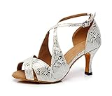 Punta aperta, tacco alto MINITOO QJ6126 Womens Peep Toe tacco alto raso floreale salsa tango sala da ballo latino caviglia Wrap danza sandali, Argento (Argento), 37.5 EU