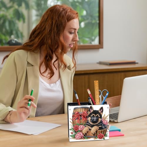 Image of DIY 5D Acrylic Diamond Painting Pen Holder - German Shepherd Pencil Organizer for Adults, Decorative Office Supplies Storage for Home, School, Gift