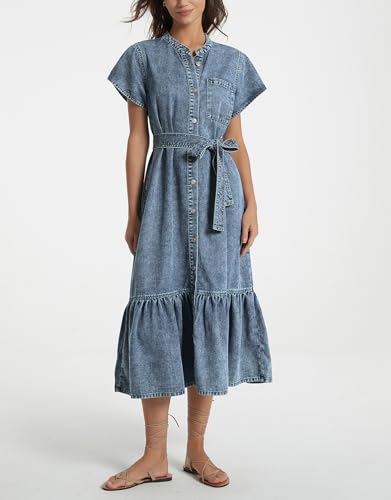 Image of Kedera Summer Button Down Denim Shirt Dresses for Women Maxi Ruffle Short Sleeve Flowy Tiered Beach Sun Dress