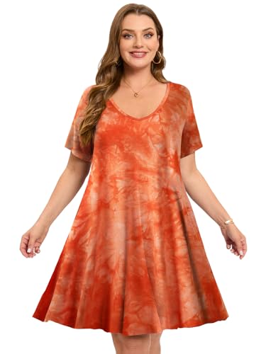Image of ZENNILO Women's Plus Size Swing Dress with Pockets Casual Summer Dresses V Neck Short Sleeve T Shirt Dress for Women