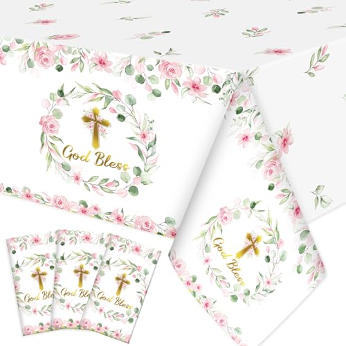 Ganeen 3 Pcs God Bless Baptism Tablecloth 54 x 108 Inch Pink Floral First Holy Communion Tablecloth Disposable Plastic Christening Table Cover Religious Decor for Baby Shower Party Supplies