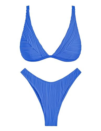 ZAFUL Women's Textured Swimwear High Leg Sexy Plunging Neck Bathing Suit 2 Piece Swimsuit Blue X-Large