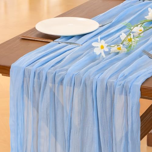 Image of Socomi 2pcs Light Blue Cheesecloth Table Runner Easter Spring Boho Rustic Gauze 120 inch 10FT Cheese Cloth Runner for Wedding Party Baby Shower Birthday Home Decor Holiday Decorations