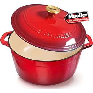 Mueller DuraCast 6 Quart Enameled Cast Iron Dutch Oven Pot with Lid, Heavy-Duty Casserole Dish, Braiser Pan, Stainless Steel Knob, for Braising, Stews, Roasting, Baking, Safe across All Cooktops, Red