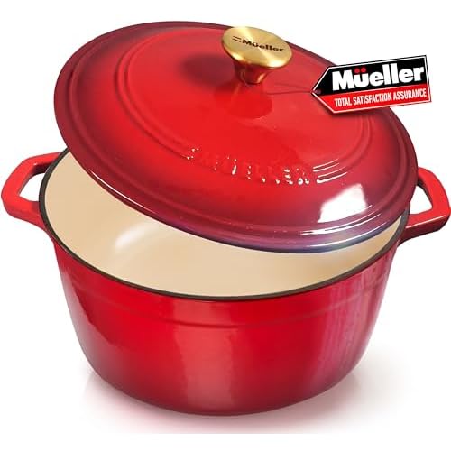 Mueller DuraCast 6 Quart Enameled Cast Iron Dutch Oven Pot with Lid, Heavy-Duty Casserole Dish, Braiser Pan, Stainless Steel Knob, for Braising, Stews, Roasting, Baking, Safe across All Cooktops, Red