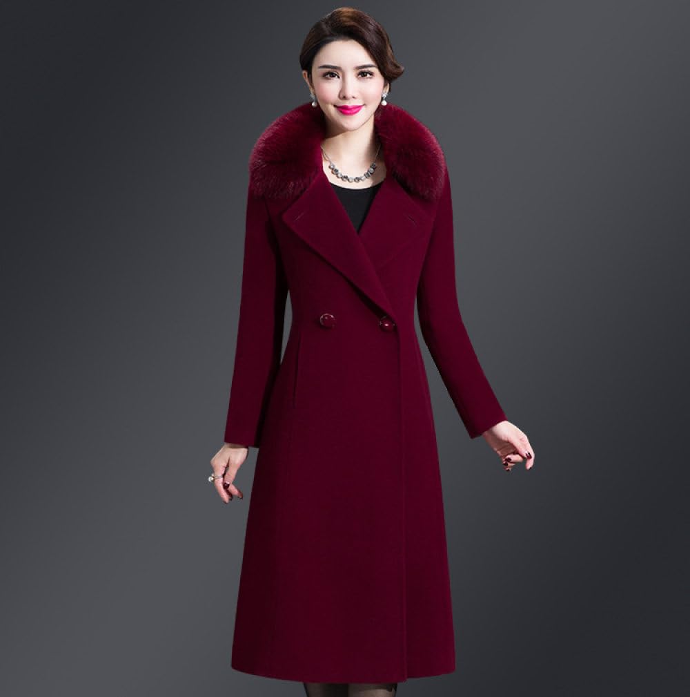 Trench Lungo da Donna Rosso Scuro Invernale in Misto Lana,Pelliccia Sintetica Bavero Colletto Dentellato Giacca Media Lunghezza Doppio Petto con Cintura,Manica Lunga Calda Autunnale Vestibi