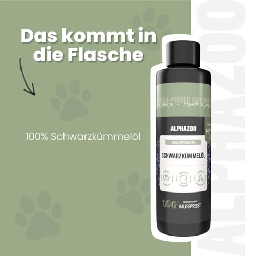 alphazoo Premium Schwarzkümmel-Öl für Hunde 100ml – Kaltgepresstes Natur-Futteröl mit Omega-6 & Omega-9, unterstützt Fell, Haut & Immunsystem
