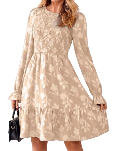 Simplee Womens Fall Long Sleeve Mini Dress Casual Babydoll Dresses Beige
