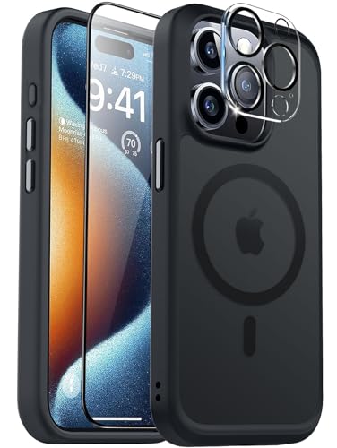Image of BossKiss Compatible with iPhone 15 Pro Case, [Compatible with Magsafe] [Screen+Camera Protector] Magnetic Translucent Matte Women Men Girl Protective Cover for iPhone 15 Pro 6.1 inch, Titanium Black