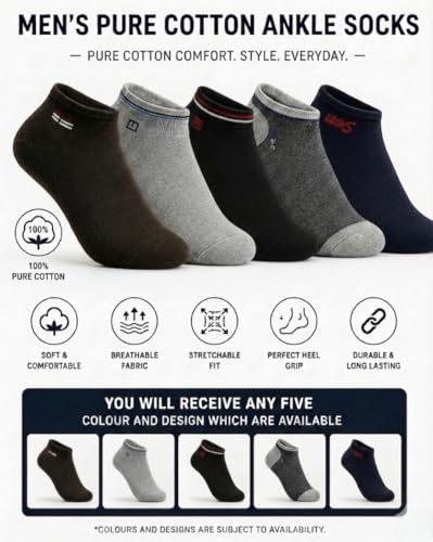 Image of Men's Pure Cotton Ankle Socks, Multicolor, 100% Pure Cotton, Free Size, Pack of 5 Pairs, Casual Sporty Style