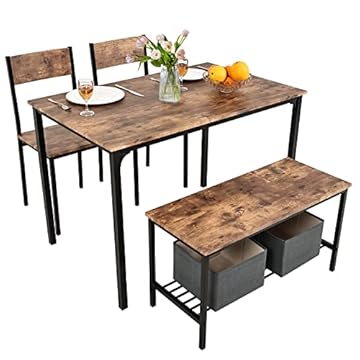PULUOMIS Dining Table and 2 Chairs with Bench, Dining Table and Chairs Set 4 Piece Dining Room Set, Chair and Bench Set for Restaurant Kitchen Home Bistro Garden, Brown