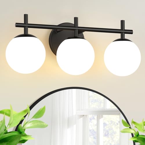 Image of MOKATNG 3-Light Bathroom Light Fixtures with Milky White Glass, Matte Black | 19.3 inch Vanity Lights for Bathroom, Bathroom Lighting Over Mirror, Wall Sconce, Fits E12 bulbs(Bulb Not Included)