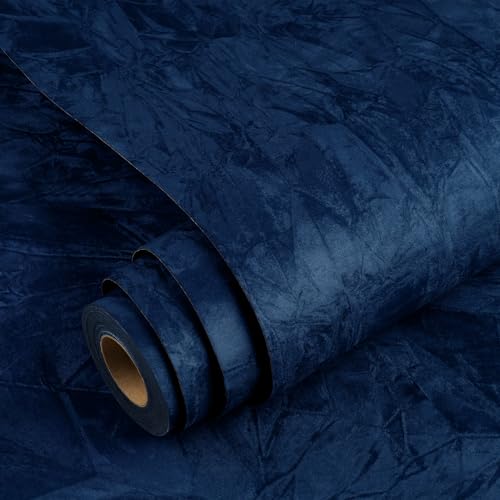 YENHOME Self Adhesive Blue Felt Fabric Wallpaper Peel and Stick 17.7'X118' Blue Felt Wallpaper for Bedroom Walls Vintage Fabric Peel Stick Wall Paper Contact Paper Velvet Flocking Liner Removable