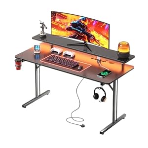 CAIYUN Gaming Desk, 100 x 50 cm Computer Desk with LED Light Strips & Power Outlets, Office Desk with Full Monitor Stand Carbon Fiber Black