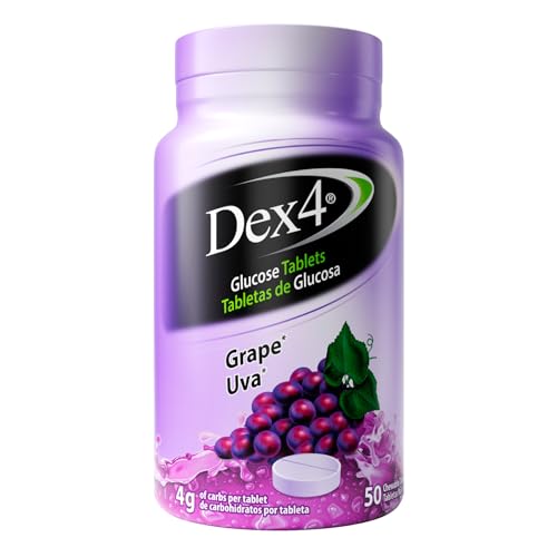 Dex4 Glucose Tablets Fast Acting Glucose 4g Pre-Measured Glucose per Tablet Fat-Free Gluten-Free Grape 50 Count Bottle