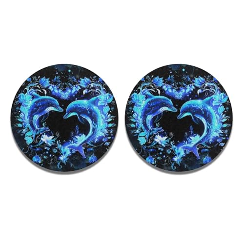 Pensura 2 Pack Car Coasters 2.8 Inch, Aesthetic Hearts Floral Dolphin Print Cup Mats, Water Absorbent Cup Holder Coaster for Women Ladies, Cute Auto Interior Accessories Decorations