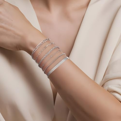 Trendy Bracelets for Women, Silver Dainty Stackable Bracelet, Adjustable Boho Bangles Charm, Waterproof Non Tarnish Bangle Cuff Beaded Bracelet Set, Women Stack Bracelets Jewelry Gifts4