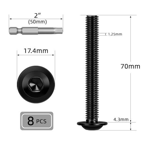Image of M8-1.25 x 70mm 8 PCS Flanged Button Head Socket Cap Bolts Screws, Stainless Steel 304, Allen Socket Drive, Screwdriver Bit Included, Black Finish, Fully Machine Thread